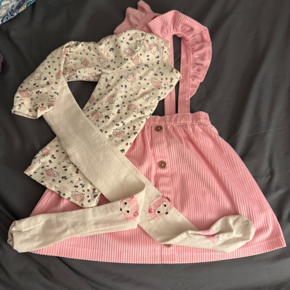 Pink Skirt with Cream Tights and Floral Top